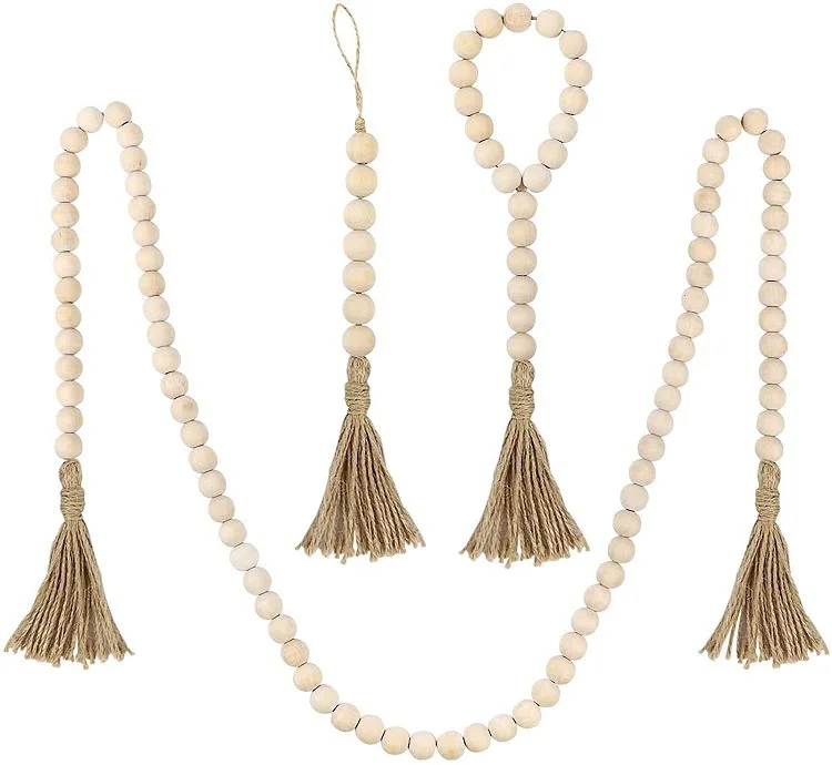 

Farmhouse Country Hemp Rope Tassels Wood Beads String Wall Hanging Decor