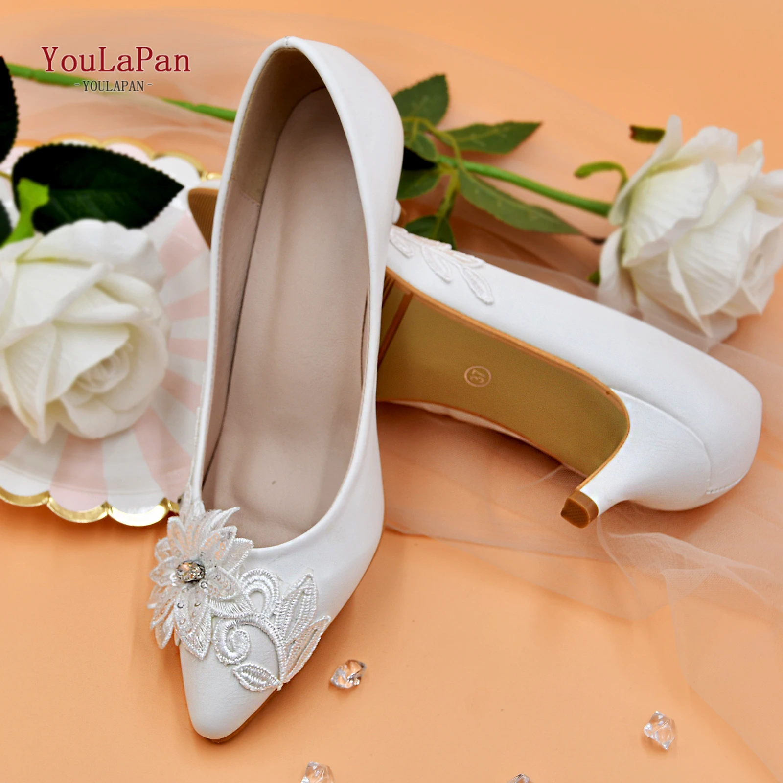 

YouLaPan A35 Wedding Shoes Bride Women Summer Pointed Toe Pumps Crystal News Lady Big Size High Heels Princess Shoes, White