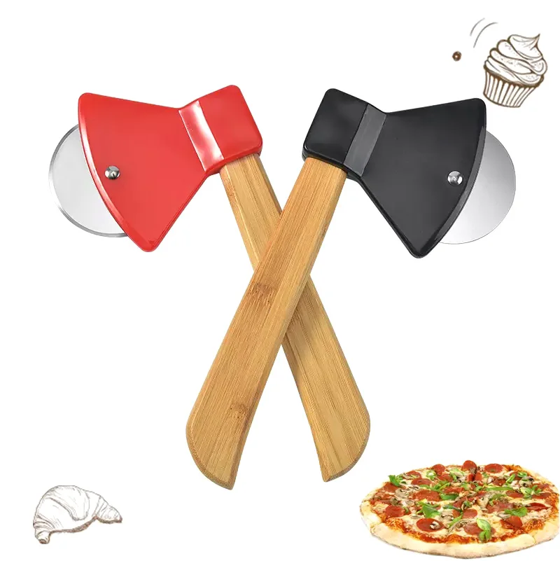 

Kitchen Gadget Single-wheel pizza cutter with bamboo handle and sharp rotating blade Stainless steel axe pizza cutter wheel, Red,black