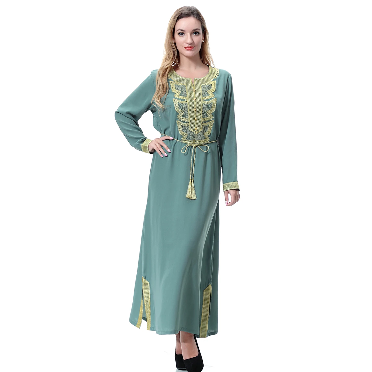 

Luxury Muslim Arab Embroidery Women's Wool Peach Long Sleeve Golden Robe Ethnic Dresses Evening Gown Islamic Dress