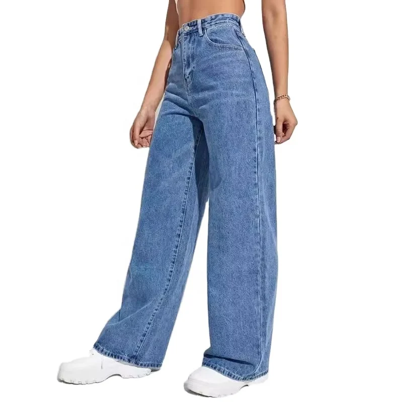 KY Blue Light Wash Plain Straight Leg Denim Pants Women Designer Jeans HIgh Waist Baggy Jeans Women