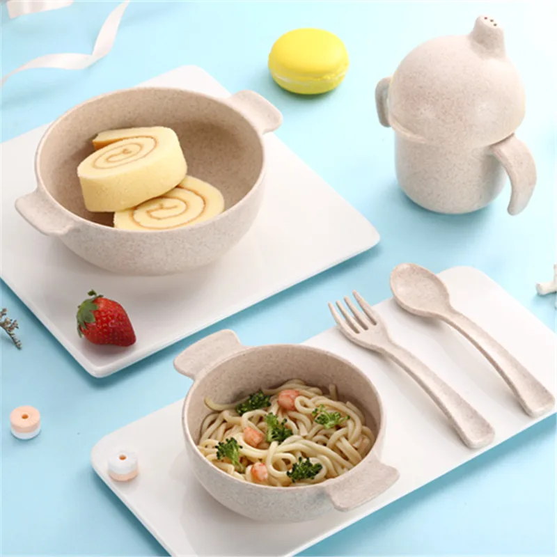 

Wholesale Natural Wheat Straw Fiber tableware kids baby fork spoon plate bowl cup Sets food grade children dinnerware sets, Pink,wheat,green or customized