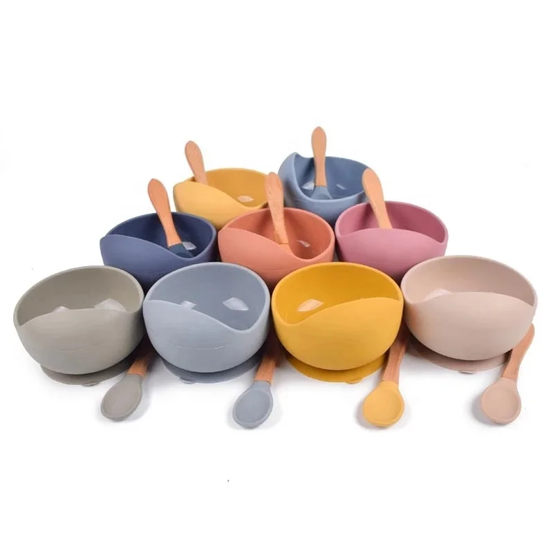 

2Pcs/Set Baby Feeding Bowl Silicone Non-Slip Tableware Food Grade Solid Color Bowl With Spoon BPA Free Baby Plate Set Kid Dishes