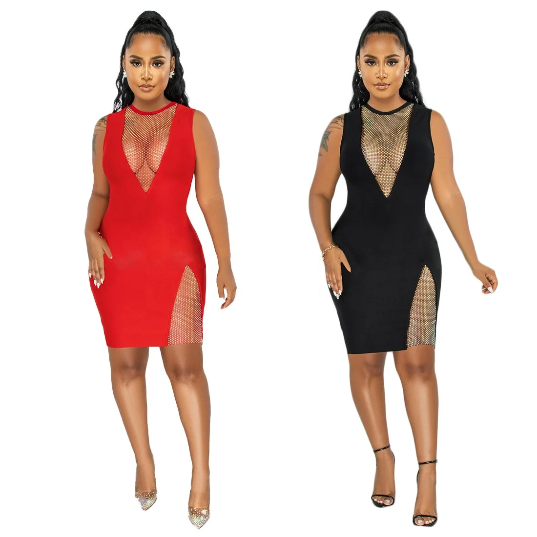 

2022 New Arrivals Fashion Net Drill Hollow Out V Neck Sleeveless Buttocks Dresses Women Skinny Night Club Dress