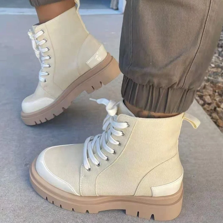 

New Hot Canvas Cowboy Army Military Women Ankle Hiking Boots Lace up High Top Fashion Trend Canvas Boots for Ladies, Beige