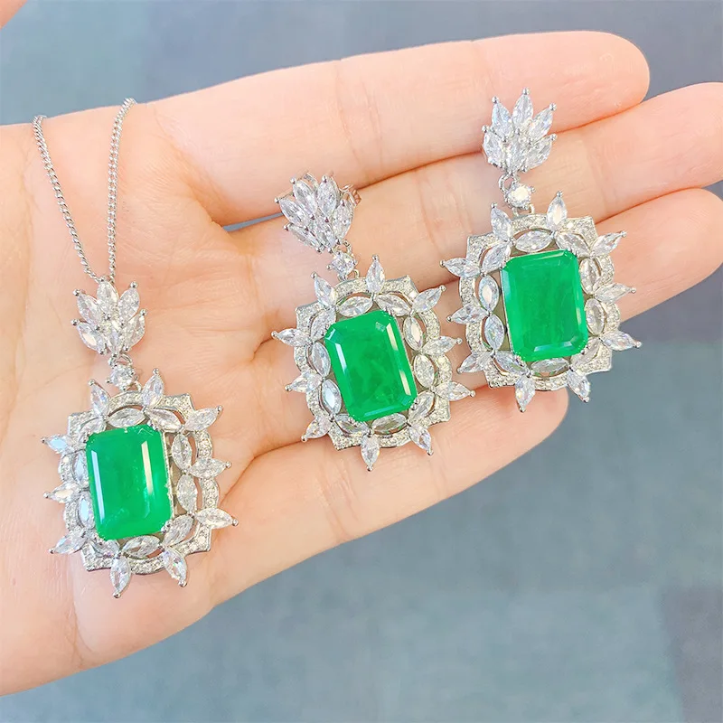 

Custom Green Blue Paraiba Tourmaline Pendant Emerald Earrings Necklace Wedding Jewelry Set For Women