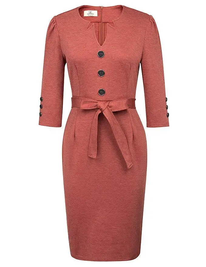 Ladies  3/4 Sleeve Buttons Decorated Bodycon Pencil  Women Elegant Dresses For Office  HY163