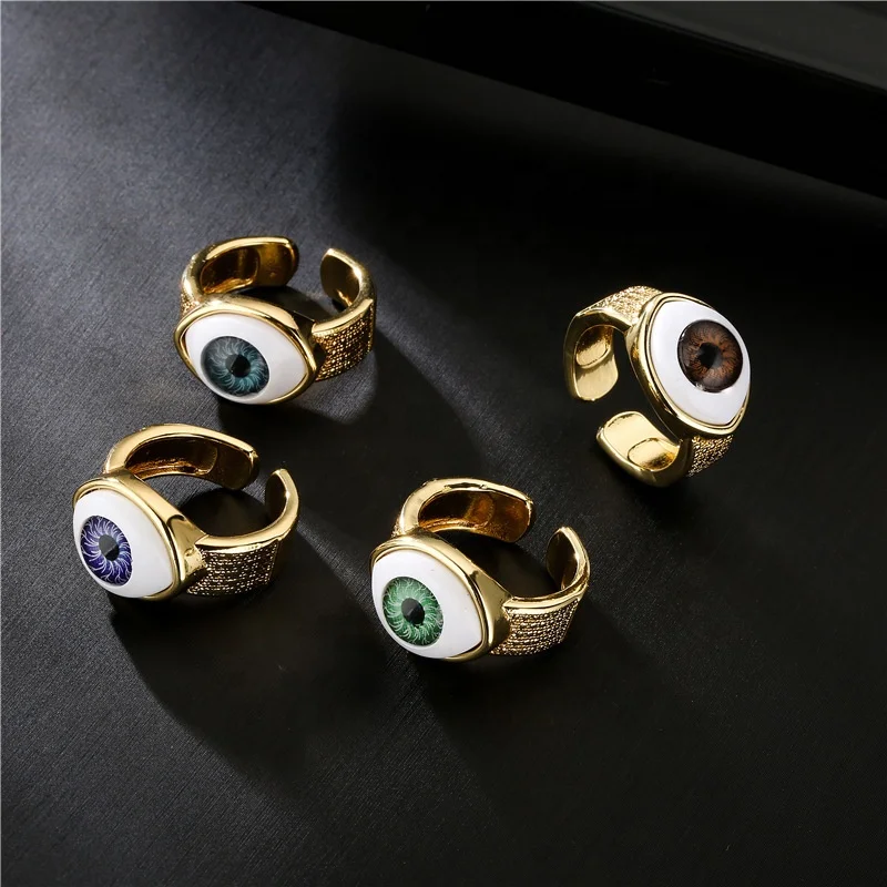 

Fashion Mens Big Solid Brass Wide Adjustable Turkish Evil Eye Exaggerated Oval Chunky Open Ring 18k Gold Plated Jewelry