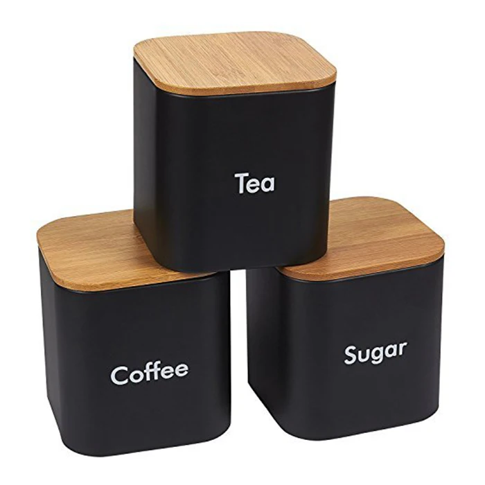 

Wholesale Matt Black Tea Coffee Sugar Ceramic Storage Jar With Bamboo Lid, As show or customized