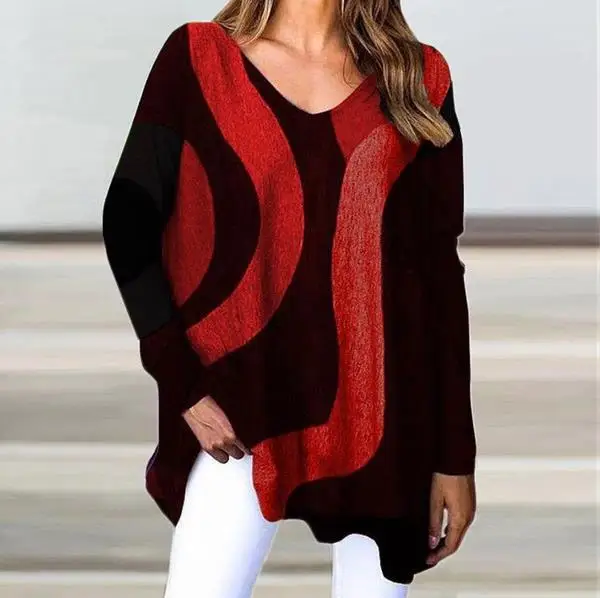 

2020 New Fall Winter V-neck Pullover Long Sleeve Geometric Pattern Loose Casual Women T-shirt