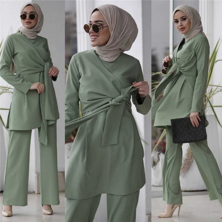 

2 Piece Modern Islamic Women Sport Wear Plain Matching Baju Kurung Abaya Women Suits, 2 color