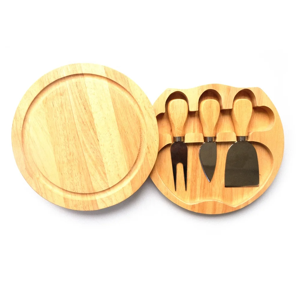 

Round pizza Bamboo wooden Cheese Board With Slide Out Drawer Cutlery Set Cheese cutting board, Rubber wood