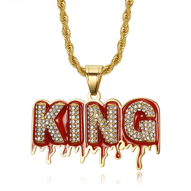 

Hip Hop Trendy King Shaped Gold Plated Crystal Diamond Stainless Steel Letter Pendant