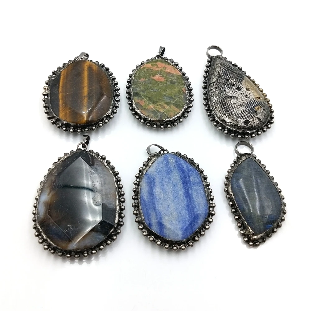 

Freeform Slice Lapis Facted Cut Bronze Vintage Pendant Natural Tiger's Eye Crystal Gemstone Jasper Custom Necklace Charm, Multi