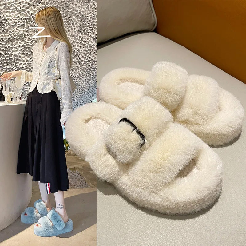 

big slipper shoes luxury furry beige fur house slippers design shoes women fluff yeah slide slipper for outdoor, Mix color is available
