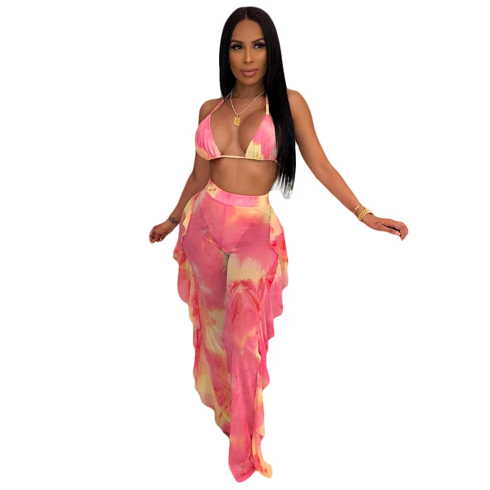 

Hanging Neck Bikini Print Ruffle Loose Pants Suit Beach New Style Women Bikini Trousers Sets, Pink,yellow,purple,leopard ,green,army green