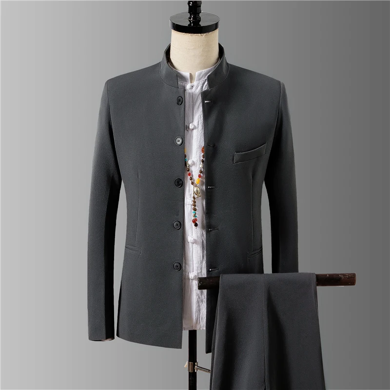 Wholesale men's two-piece Chinese style stand collar tunic youth popular tide leisure self-cultivation Customized suits for man