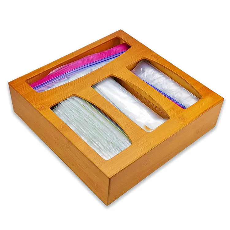 

RAYBIN wood bamboo box ziplock bag storage organizer box silicone acacia desk drawer and wrap dispenser for kitchen, Wooden