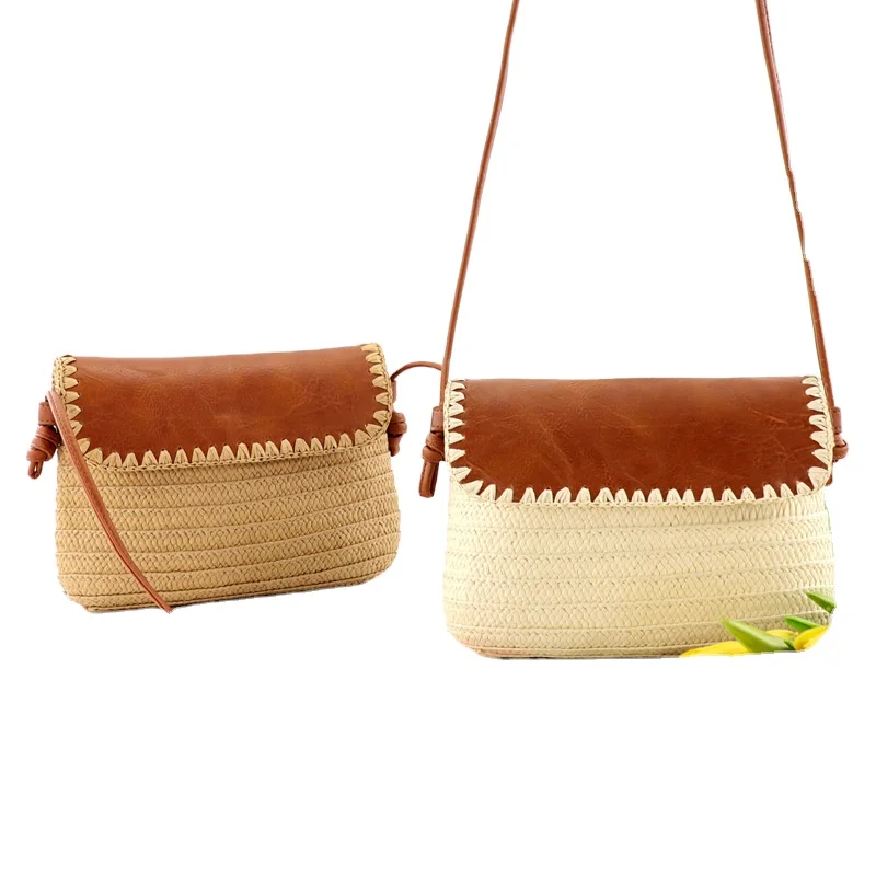 

Ins New Style Leather Cover Straw Woven Shoulder Bag Beach Straw Women Envelope Bag