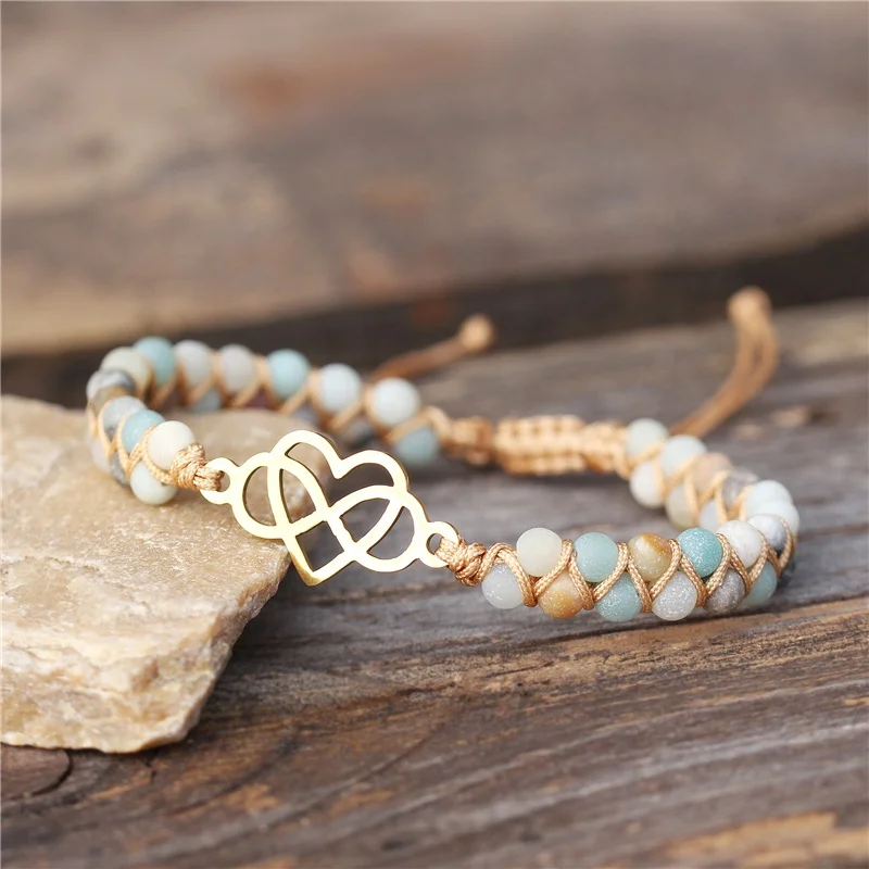 

18k Gold Stainless Steel Heart infinity Charm Gemstone Amazonite Beaded Macrame Bracelet Adjustable Women Yoga Jewelry Wholesale