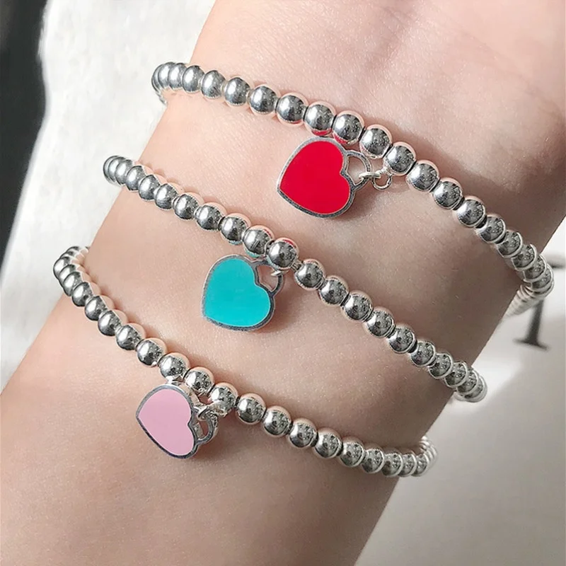 

Fashion jewelry wholesale for women enamel red heart charm bracelets classic simple silver plated beaded bracelet friendship