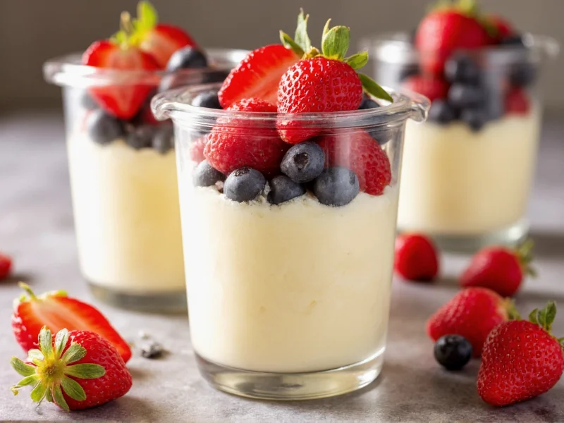 Vanilla pudding parfait with berries in glass jar