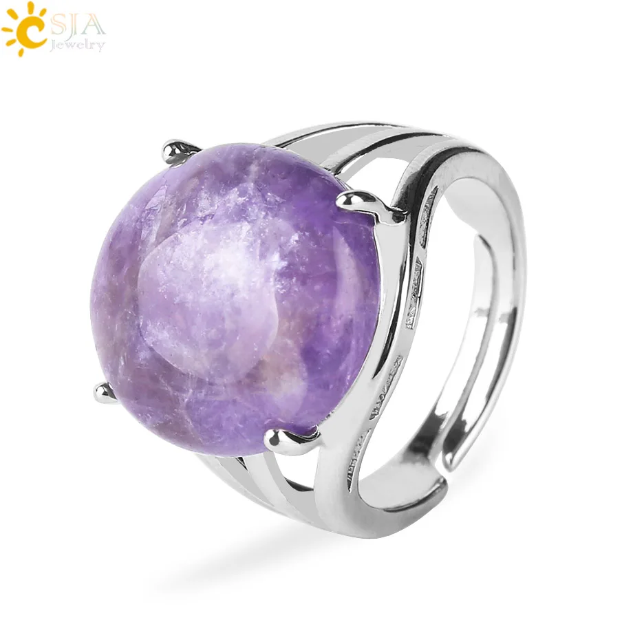 

CSJA newest design natural round bead gemstone amethyst resizable ring crystal quartz silver color fashion jewelry F476