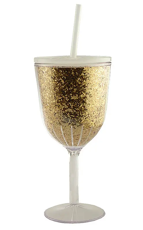 Gold Glitter Plastic Wine Glass with Lid & Straw (1 Piece(s))