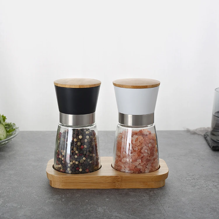 

2020 new arrival beech wooden Salt & Pepper Grinder with ceramic core burr and glass bottle BBQ tools Grinder For Kitchen, Customizable