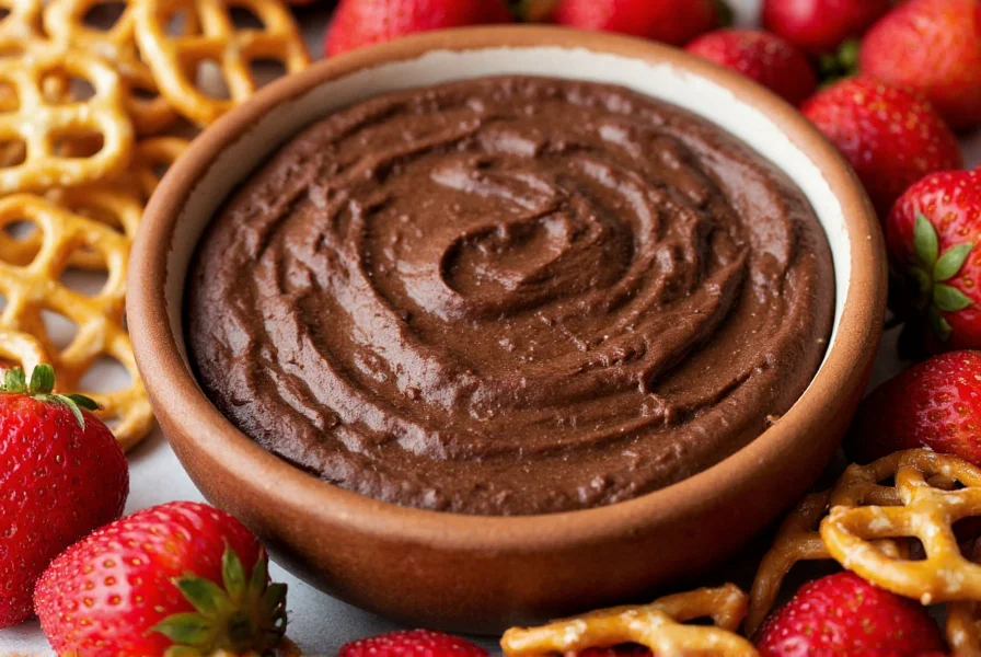 Dark chocolate truffle dip with cayenne in bowl surrounded by strawberries and pretzels