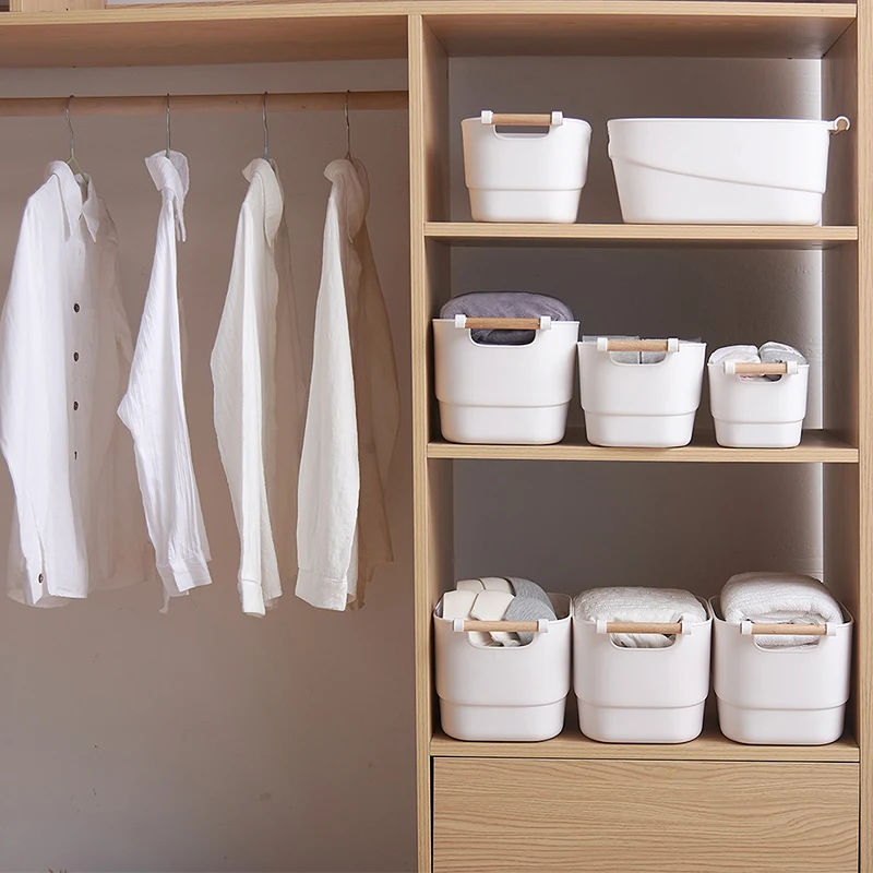 

Plastic storage basket with wooden handle plastic basket rectangular stationery storage box multifunctional Storage Basket, White