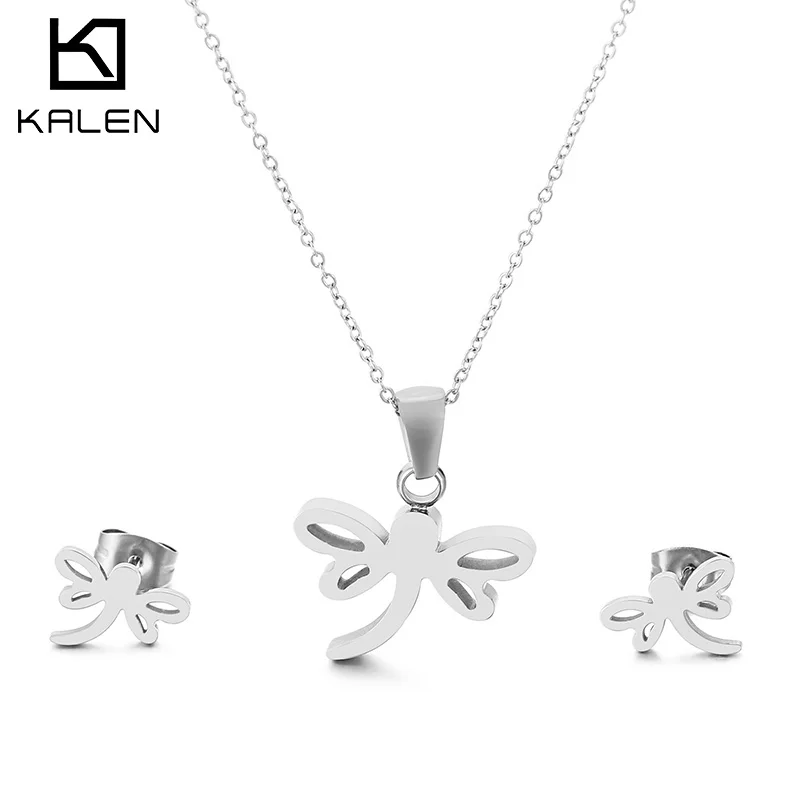 

Kalen Factory Direct Sale Custom Dragonfly Necklace Animal Earrings Stainless Steel Earring Necklace Jewelry Set