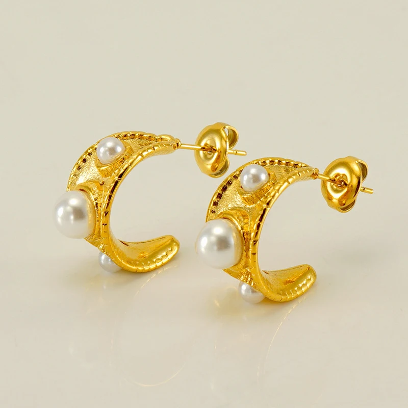 

Vintage Circle C Hoop Pearl Earrings 18k Gold Plated Stainless Steel Hoop Earrings C Shape Pearl