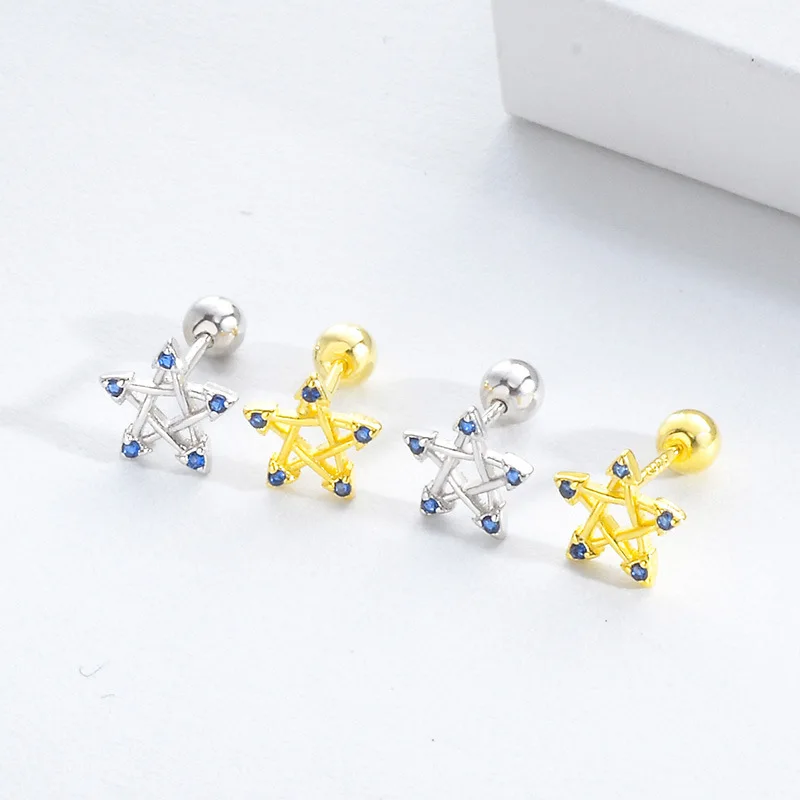 

Exquisite 925 Silver Safety Screw Back Locking Stud Earrings Crystal Inset Little Star Earrings, As pictue show