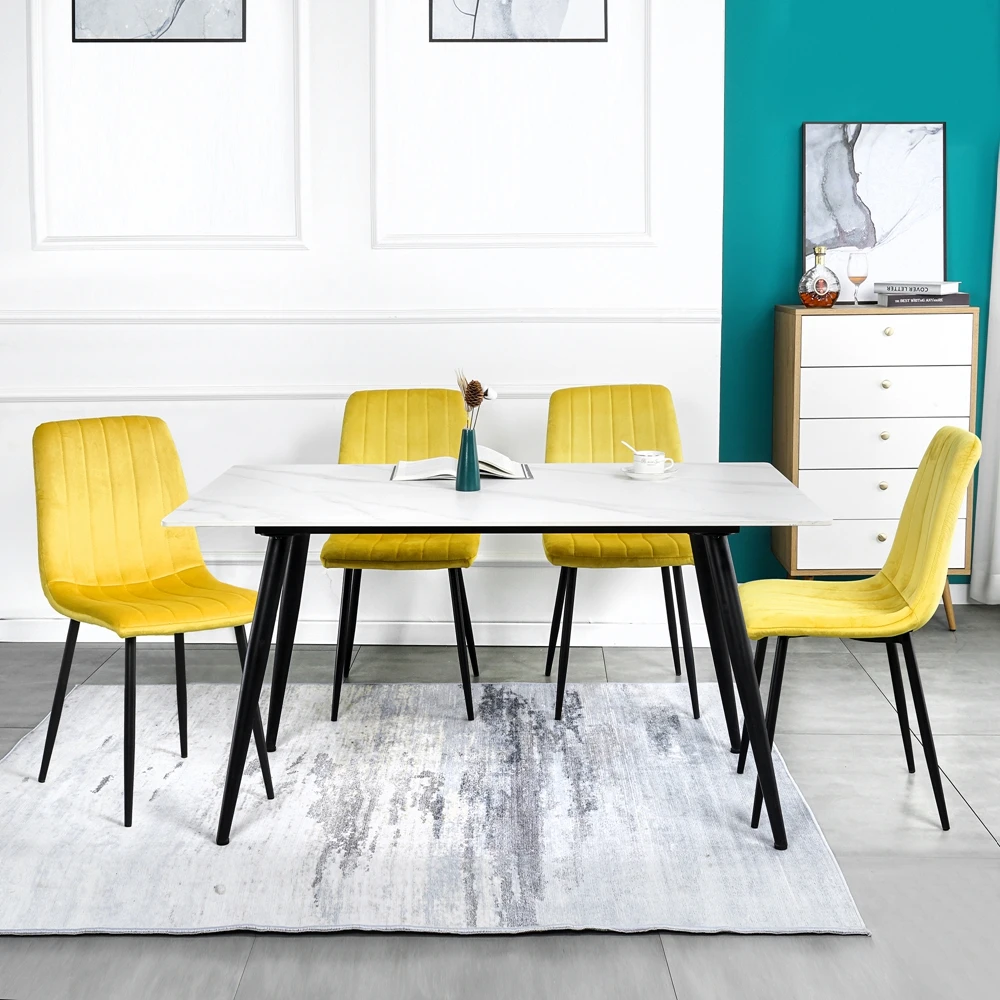 

Indoor Modern Kitchen Soft Back Black Coated Legs Yellow Upholstered Velvet Dining Chair