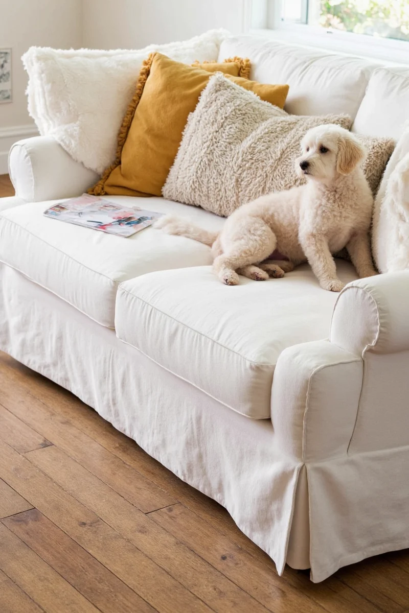 A charcoal ultra-suede slipcover adding a touch of sophistication to a neutral-toned sofa.
