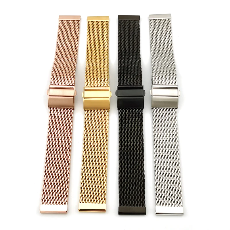 

20mm 22mm 1.0 line thick 3.0mm thick butterfly buckle mesh milanese stainless steel watch band watch strap, Silver black gold rose