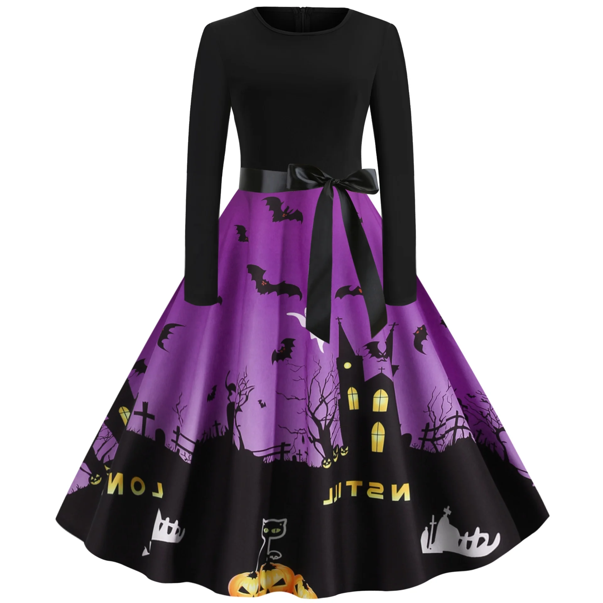 

2020 Halloween Hot Sale New Women's Printed Splicing Big Plaid Dress with Belt Women's Plus Size Women's Clothing