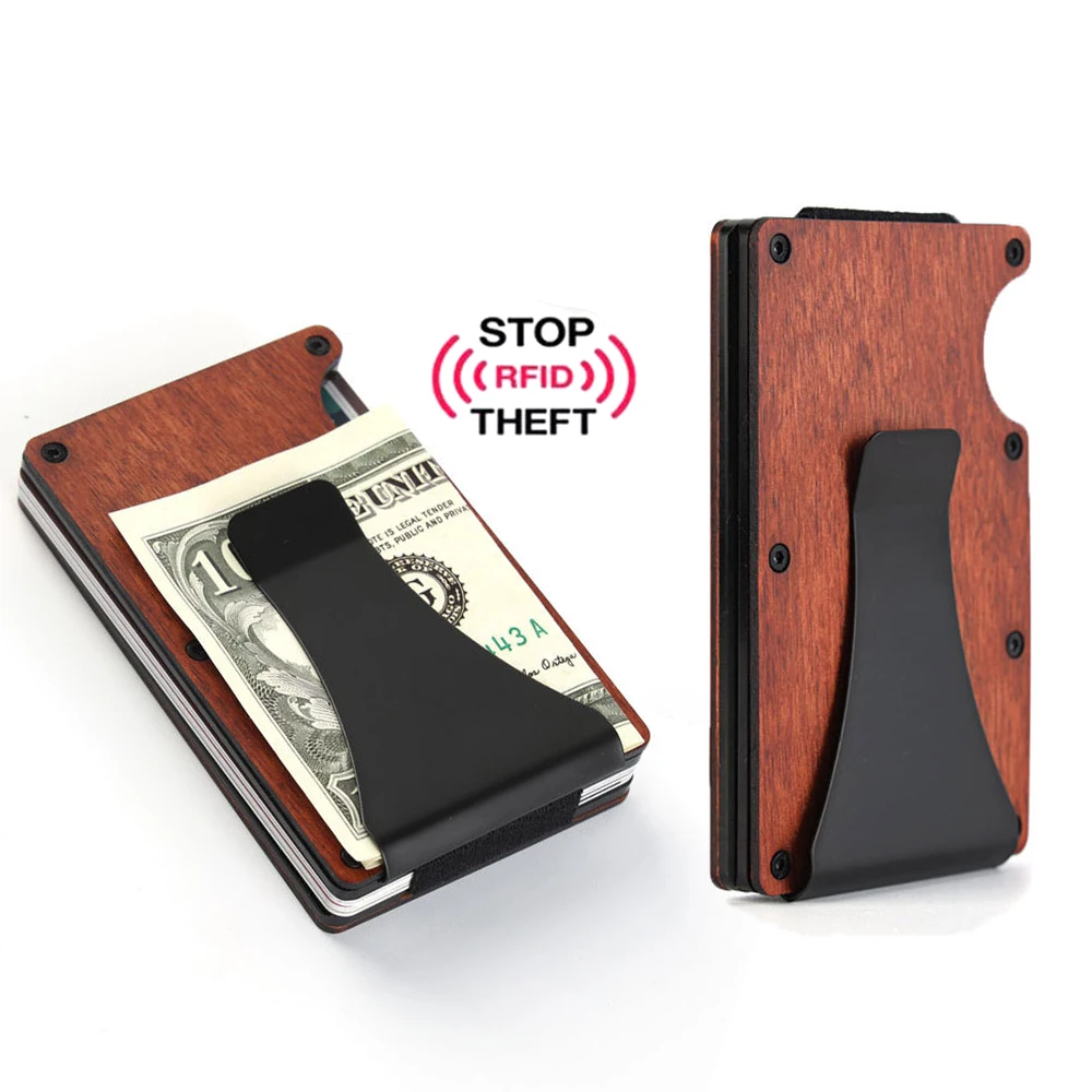 

New Solid Wood Aluminum Alloy Carbon Fiber Credit Card Box RFID Blocking Money Clip Card Holder