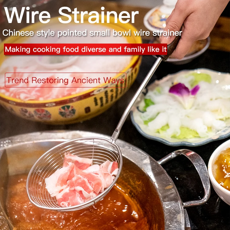 
304 Chinese style hot pot fine mesh strainer colander food strainer stainless steel strainer with wooden handle 