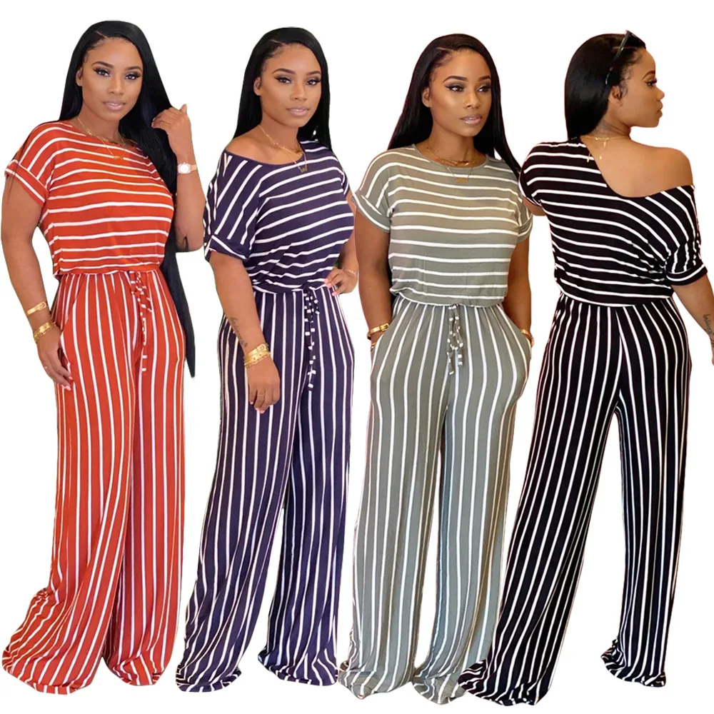 

women strip summer loose jumpsuit plus size wide legging loose pants one piece romper casual strip jumpsuit, Custom choose