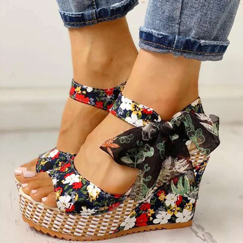 

Women Wedge Sandals Floral Bowknot Platform Bohemia Sandals Fashion Ankle Strap Ladies Sandal Shoes