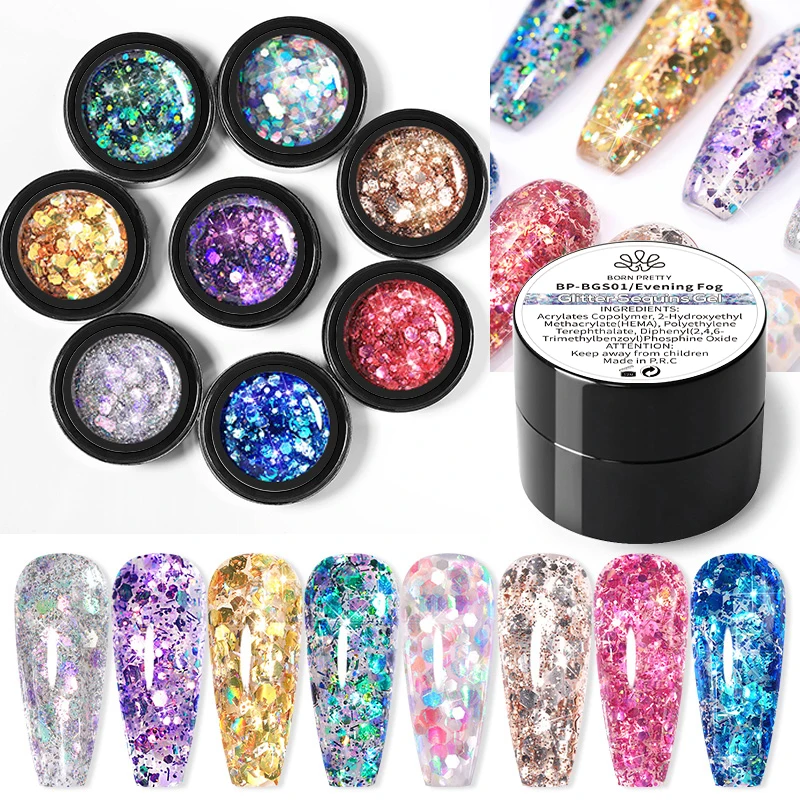 

BORN PRETTY 14 Colors Rainbow Colorful Glitter Sequins Gel Nails Polish Semi Permanent Nail Gel Polish UV LED