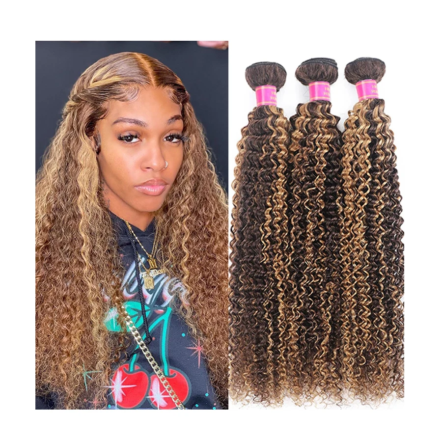 

P4/27 Brown with Highlight Color Remy Hair Weave Bundles 12A Brazilian Ombre Hair Bundles Kinky Curly Human Hair Bundles