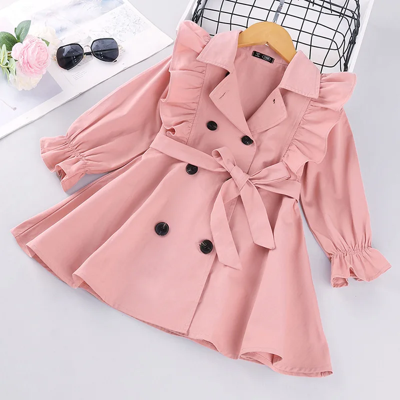 

Spring Autumn Toddler Girls Clothes Long Sleeve Fashion Trench Coats Children Solid Outerwear with Belt 2-6Y, As picture