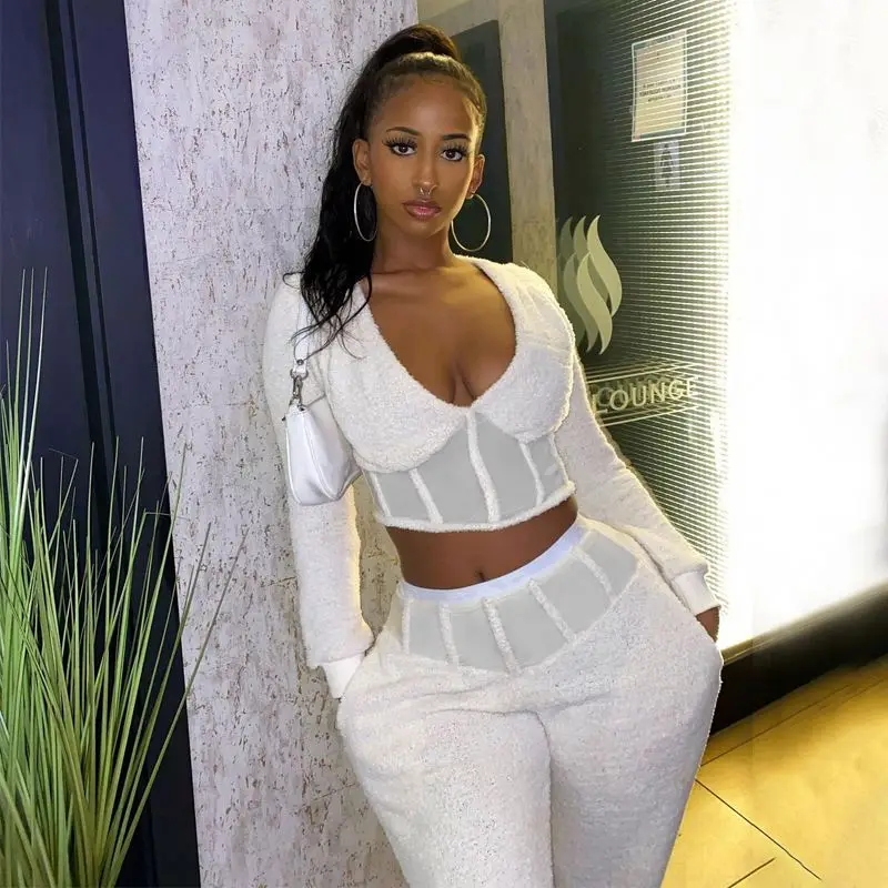 

2021 Womens Summer Sets Solid Color Plush Splicing Women Clothing Two Pieces Set Leisure Women Tracksuit Set, Customized color