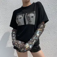 

Black Printed T-shirt Women Gothic Loose Shiny Mesh diamond Sleeve Patchwork Streetwear Punk Casual Tshirt Female Party Top