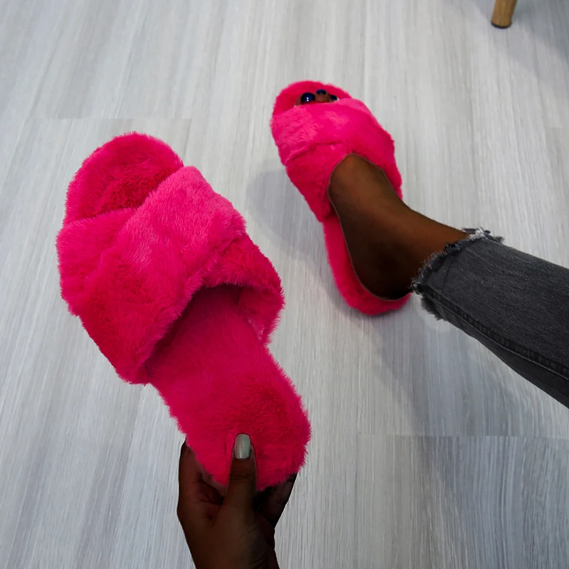 

Women's Fluffy House Slides Fur Furry Slippers Home Furry Slides Fur Slippers For Women and ladies, Black, yellow, brown, green, leopard, rose red