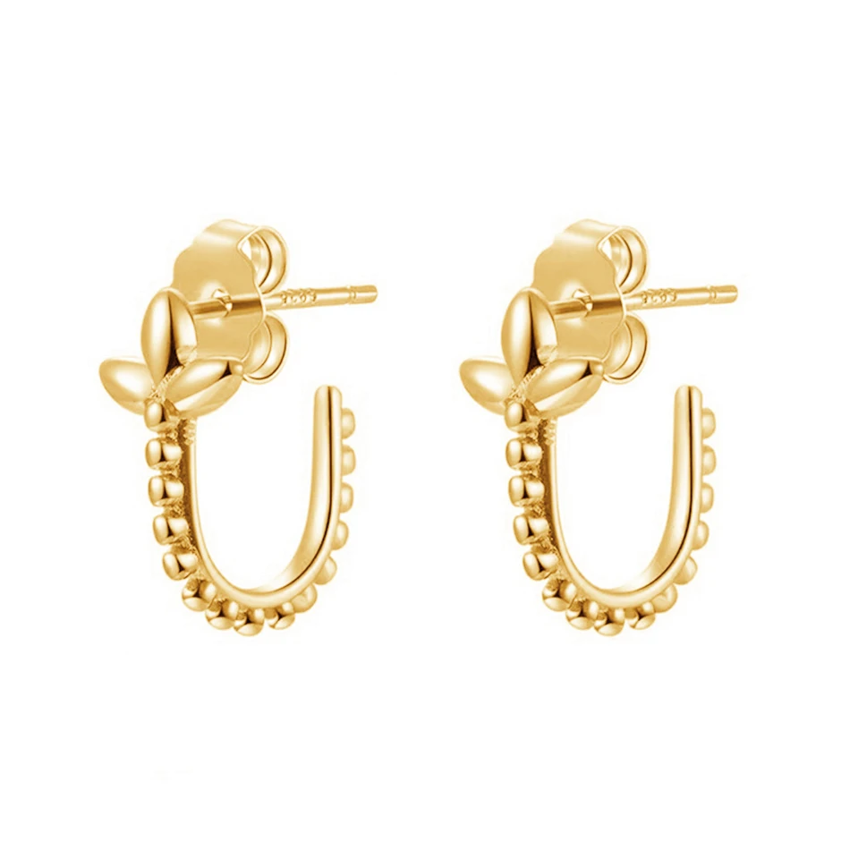 

new design dainty women jewelry earrings 18k gold plated 925 sterling silver triple leaf with beads hoop earrings