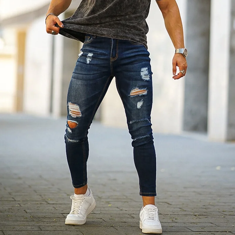 

Gingtto No MOQ Custom Made Fashion Plus Sizes Blue Distressed Denim Men Super Skinny Men's Ripped Jeans